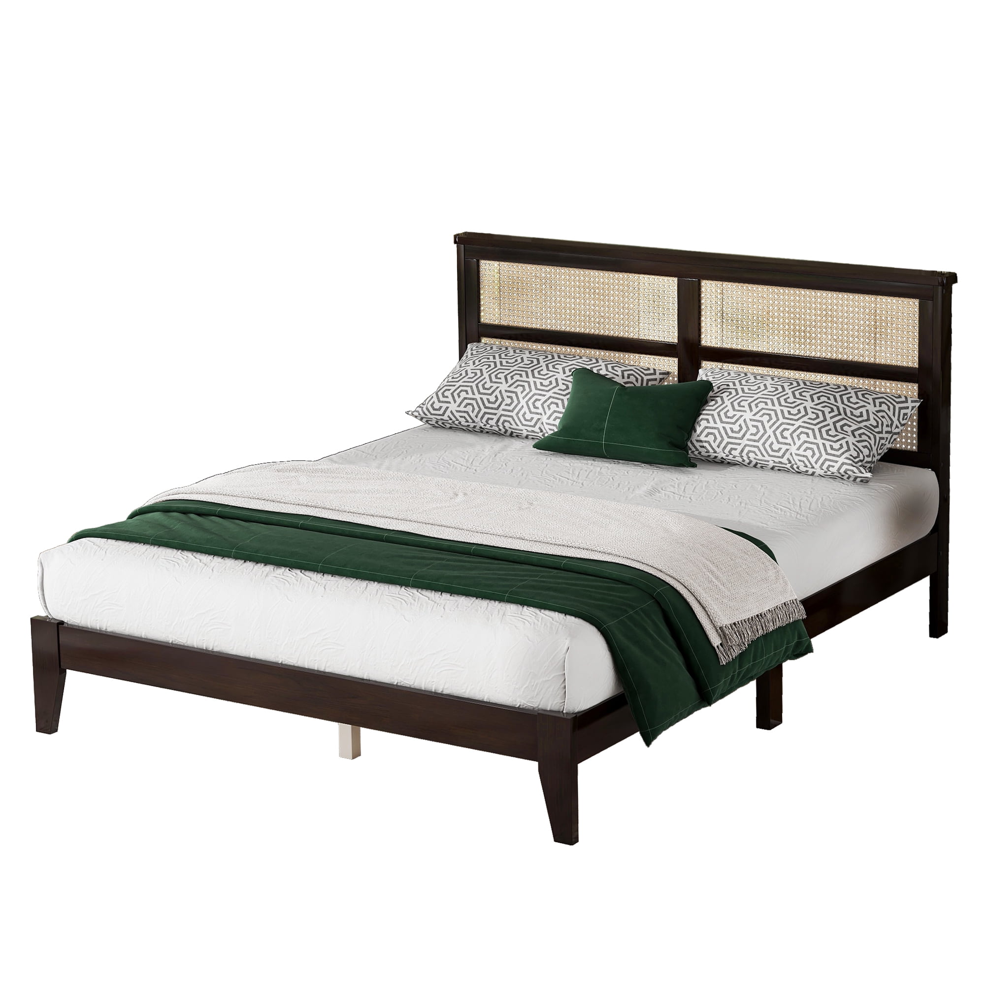 Sailvan Queen Rubber Wood Platform Bed Frame with Vintage Rattan Headboard and Support Feet Espresso