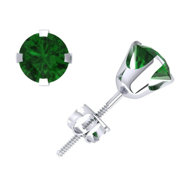 JewelWeSell 1Ct Round Emerald Stud Earrings 14k White Gold 4Prong