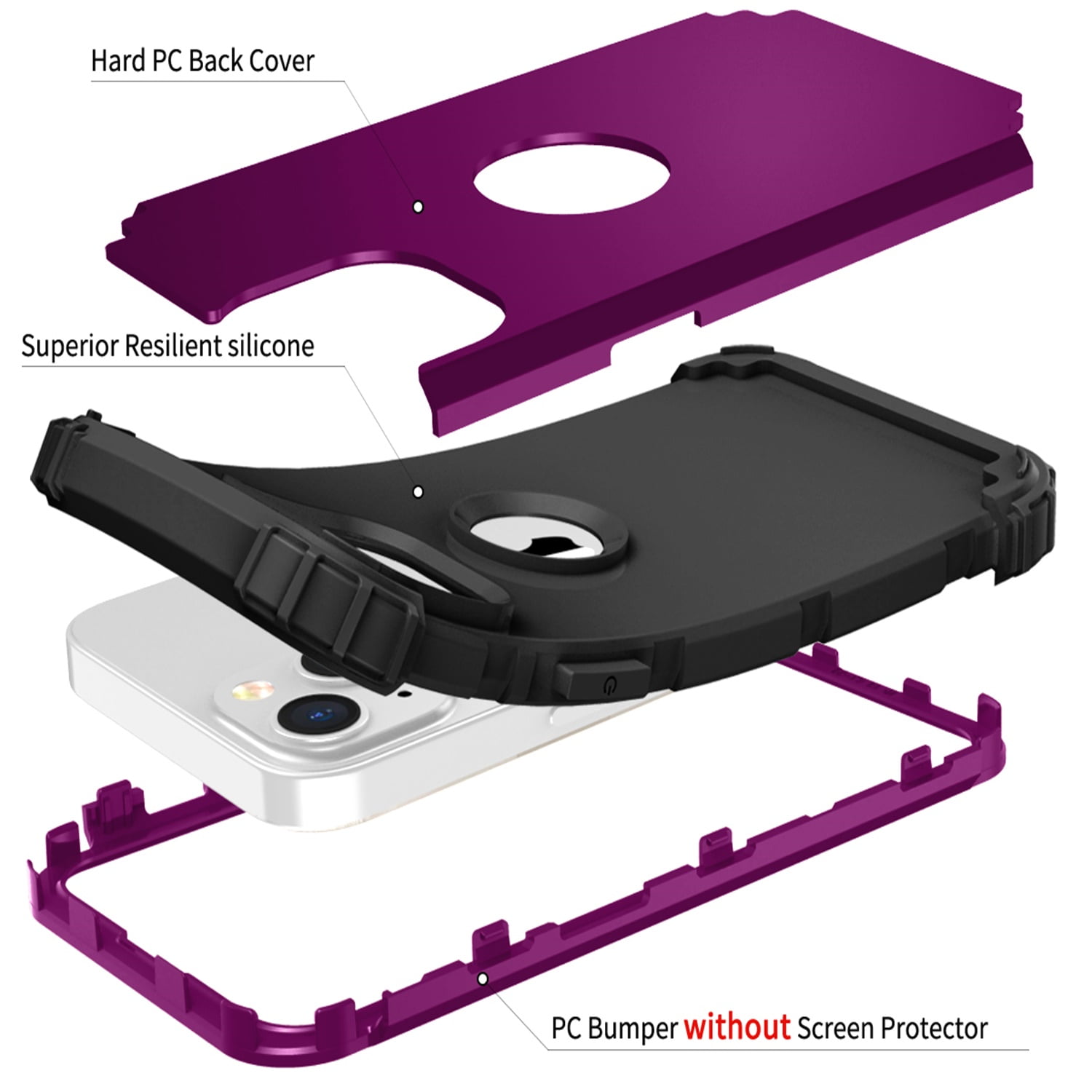 iPhone 14 Plus Case 6.7 inch 2022, Allytech Heavy Duty Hybrid Hard PC Back + Soft TPU Inner + Front PC Frame Drop Protection Case for iPhone 14 Plus 5G, Purple