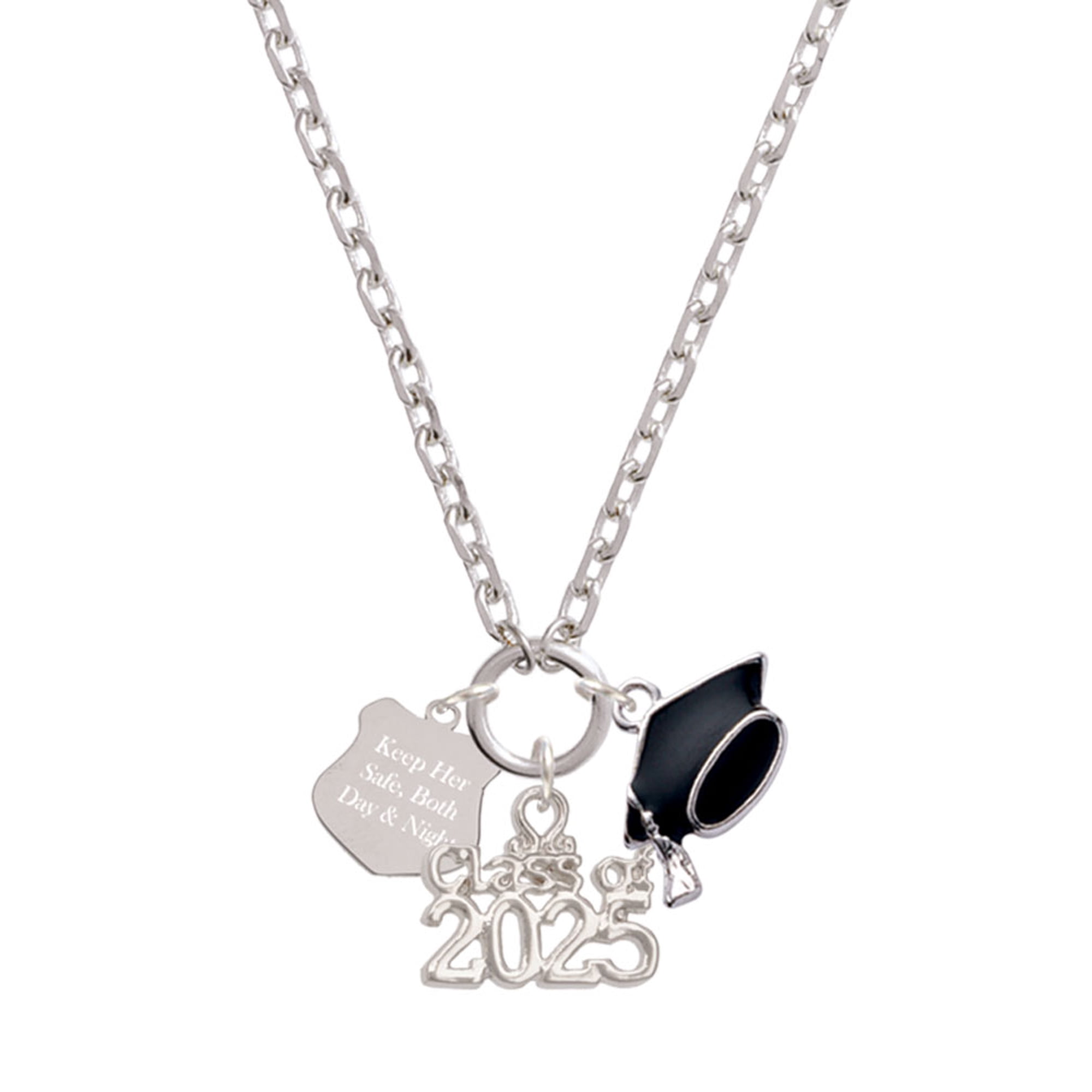 Delight Jewelry Stainless Steel Keep Her Safe Police Badge - Silver-tone Class of 2025 Graduation Zoey Necklace, 28"