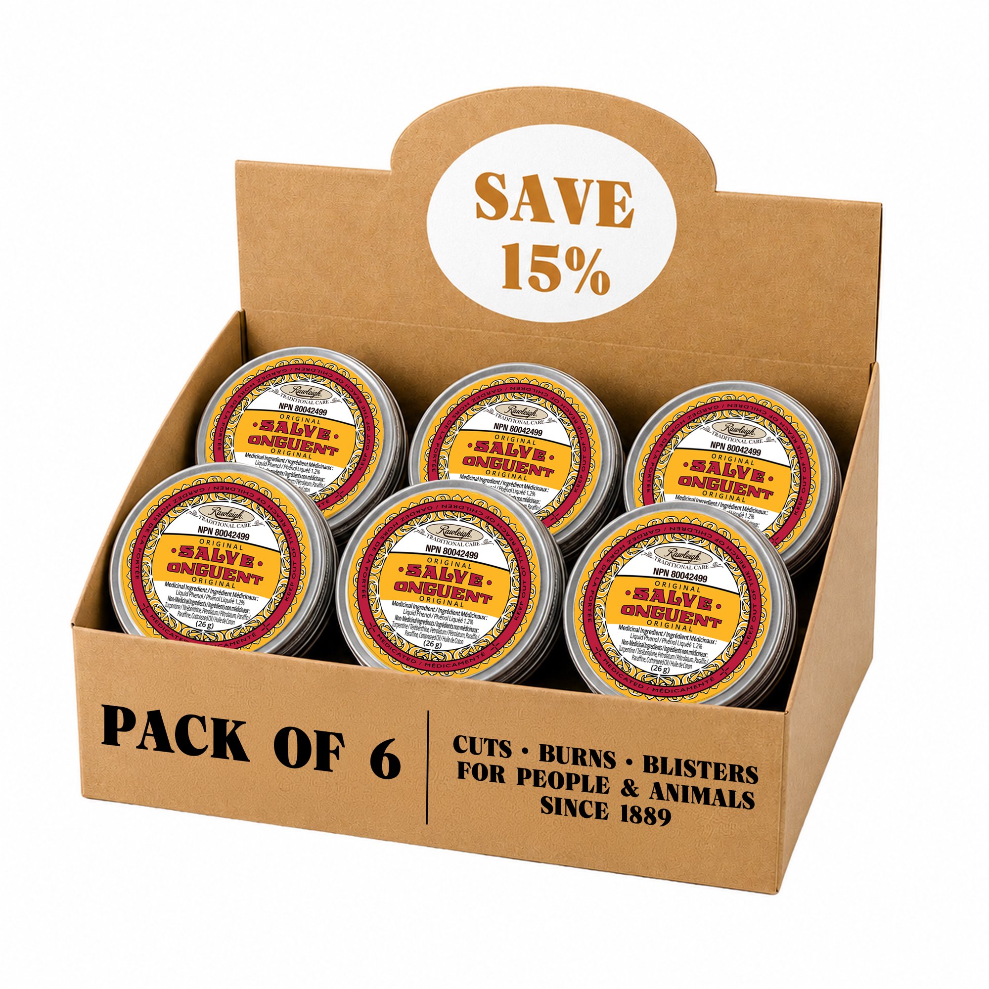 Rawleigh Small Antiseptic Salve for First Aid, Minor Cuts & Wounds, 6 Tins of 0.96 oz