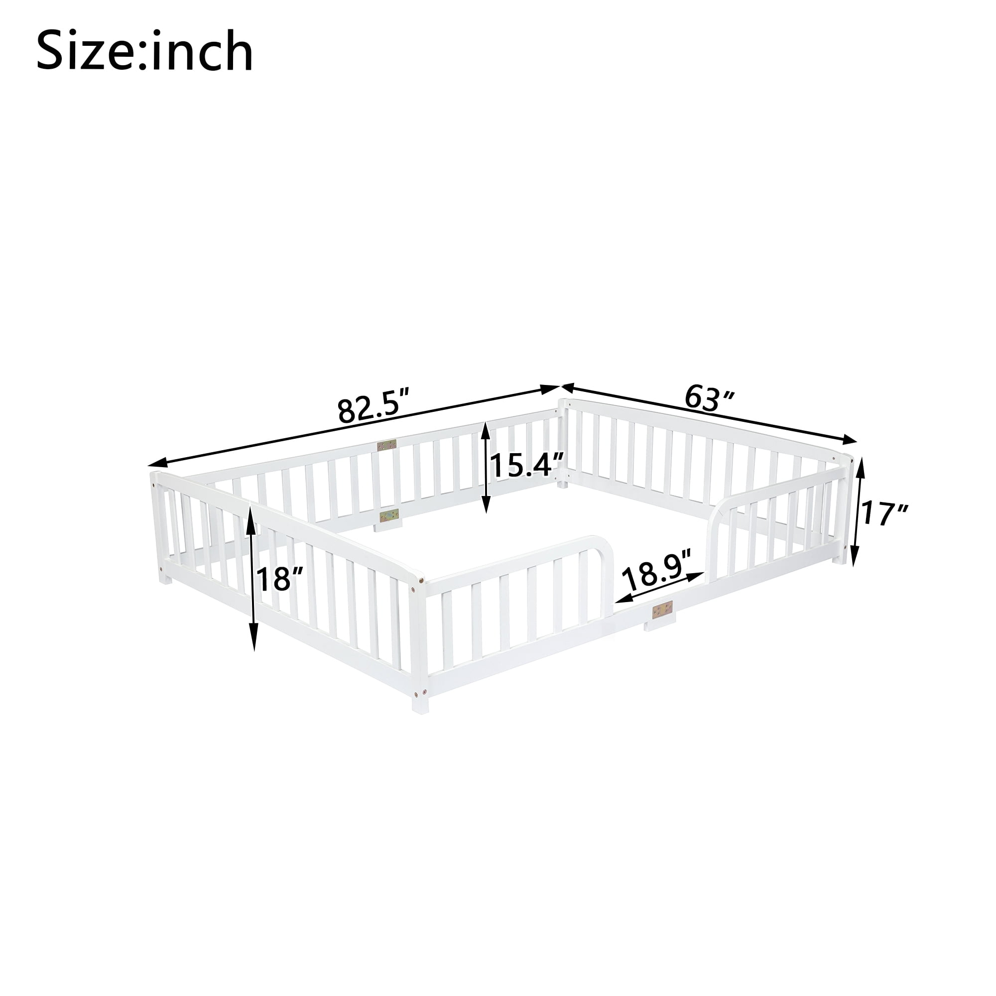 Miniyam Queen Size Kids Floor Bed with Guardrails, Low-to-Ground Montessori Wood Bed, White