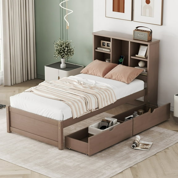 Bellemave Twin Size Platform Bed with Drawers And Bookcases Headboard Twin Storage Bed with Adjustable Shelves and USB Charging Port Wooden Bed Frame for Teens, Walnut