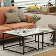 Wisfor Set of 2 Square Coffee Tables Living Room Nesting End Side Tables, White Stoned Top, Metal Frame