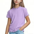 thumbnail image 2 of Girls Mock Neck Short Sleeve Shirts Lettuce Trim Slim Fit T-Shirts Spring Layer Basic Tops Tees, 2 of 5