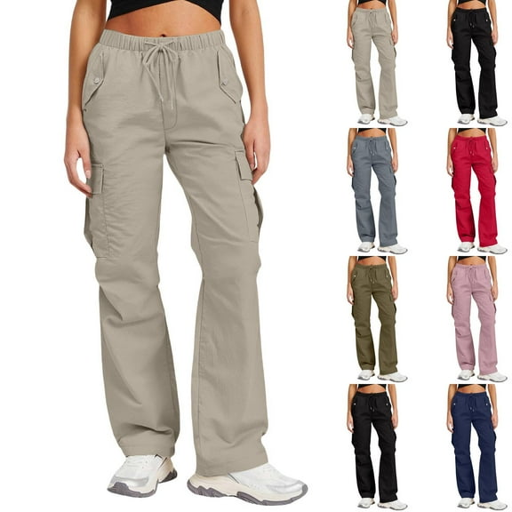 Women's Quick-Dry Cargo Pants with Adjustable Drawstring Waist, Loose Fit Wide Leg Pockets for Outdoor Casual Wear, Khaki Pant, Ladies All-Season Comfort Vacation Elastic Waistband Quickdrying Pants