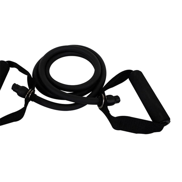 liga con agarre tayga negra Resistencia muy pesada; banda de látex enrollada con asas de espuma y correas negras, vista frontal que muestra la unión metálica y el tubo circular. Para entrenamiento funcional en piernas, glúteos, pecho y brazos en casa o gimnasio; suele usarse también para ejercicios de movilidad.