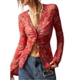 thumbnail image 1 of Women'S Long Sleeve Shirts Boho Floral Print Blouses Button Down V Neck Fitted Tops Red XL, 1 of 8