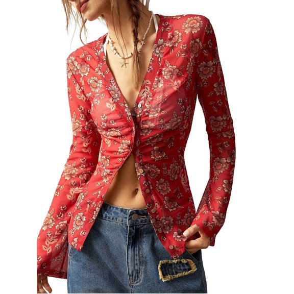 Women'S Long Sleeve Shirts Boho Floral Print Blouses Button Down V Neck Fitted Tops Red M