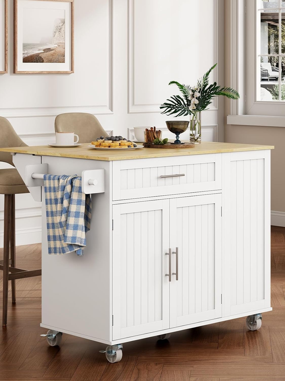 Kitchen Island with Storage, 31.5" D Rolling Kitchen Island Cart on Wheels with Widen Drop Leaf Rubberwood Top, Large Mobile Kitchen Island with Trash Can Storage and Towel Bar, White