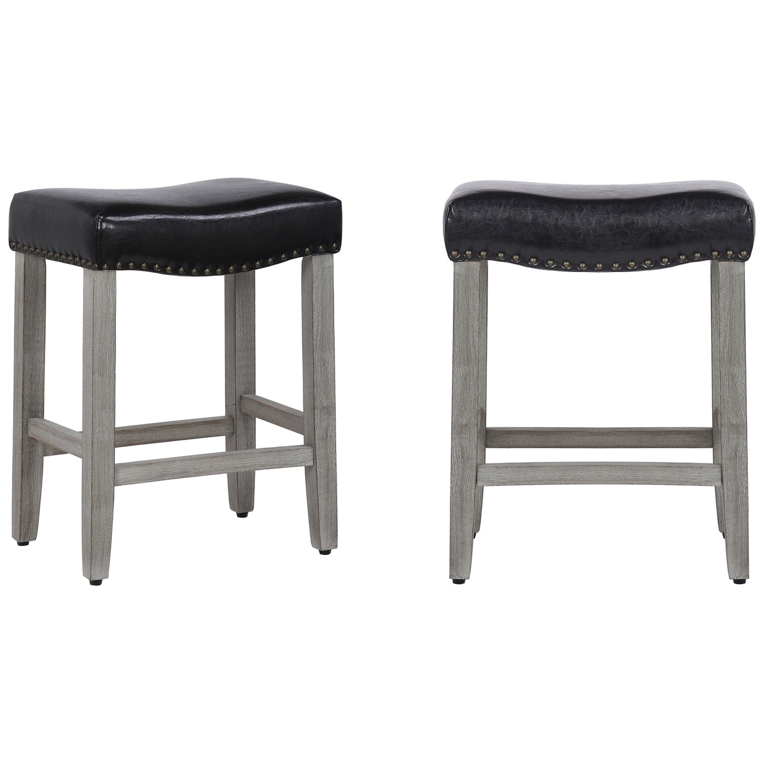 24" Inch Upholstered Saddle Seat Bar Stool (Set of 2), Antique Gray/Leather