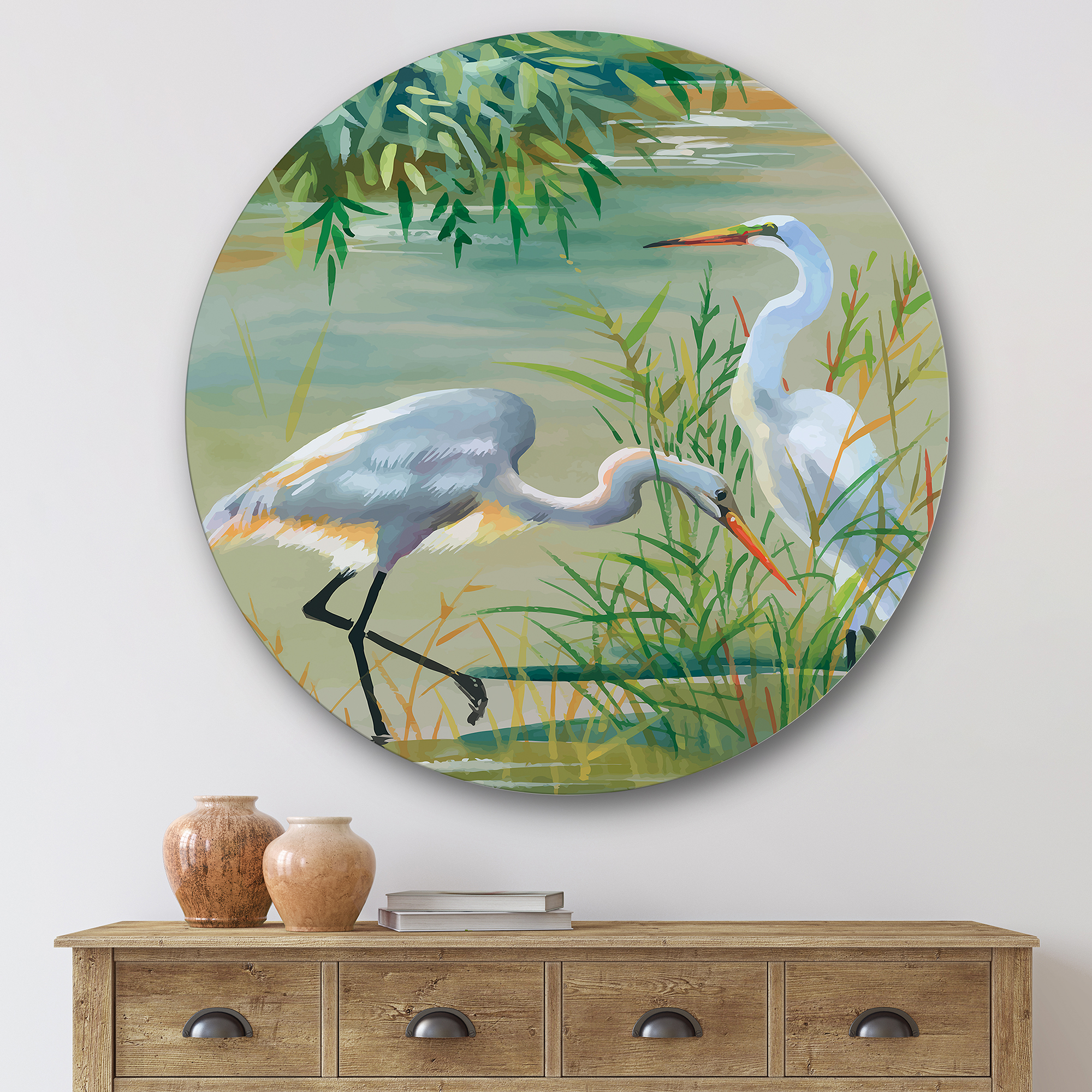 Designart 'Portrait Of Heron Birds I' Traditional Circle Metal Wall Art 29x29 - Disc of 29