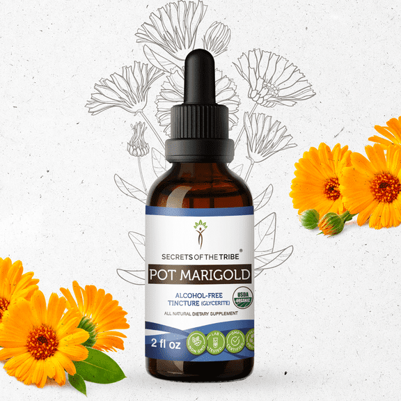 Secrets Of The Tribe Pot Marigold Organic Dietary Supplement, Natural Herbal Tincture for Skin Support, Certified Organic Pot Marigold (Calendula officinalis) Dried Flower, Alcohol-Free Extract, 2 oz