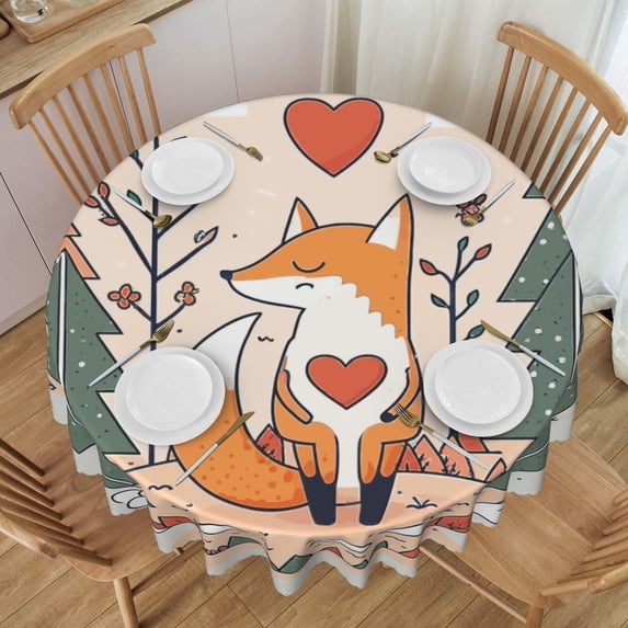 ZNDUO Love Happy Little Fox Pattern Round Tablecloth, Anti-fouling and Anti-wrinkle Washable Polyester Table Cloth, 60 inch