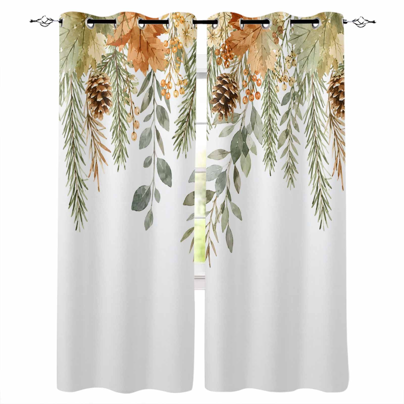 Fall Maple Leaf Blackout Curtains for Bedroom Living Room Darkening Curtains 63 Inches Long Farmhouse Vintage Country Pinecone Branch Window Curtain 2 Panels Set Insulated Grommet Drapes 42"x63"