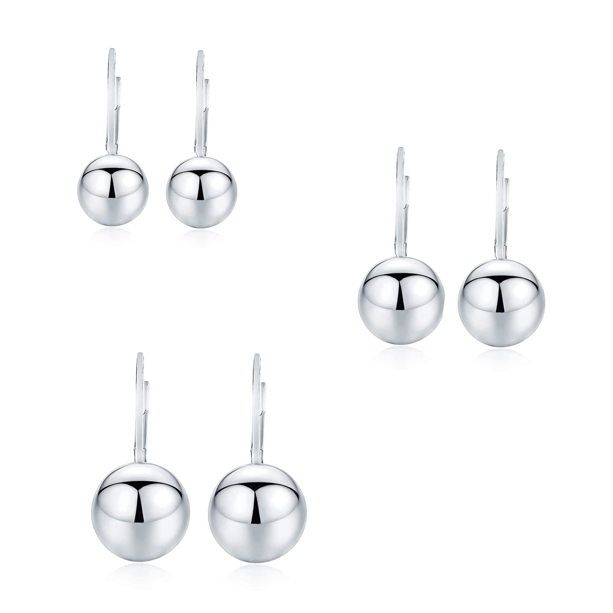 LeCalla 925 Sterling Silver Hypoallergenic Light-Weight Classic Ball Drop Dangle Lever-Back Earrings for Women and Teen Set of 3 Pairs (6MM, 8MM, 10MM)