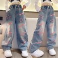 thumbnail image 4 of RUTAYY Toddler Kids Girls Jeans Distressed Elastic Waist Baggy Denim Wide Leg Trousers Leisure Pants, 4 of 9
