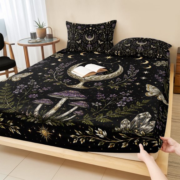 King Size Fitted Sheet Set - Farmhouse Flowers Leaves 3 Piece Bedding Sets 16" Deep Pocket Fitted Sheet with 2 Pillowcases, Retro Botanical Moon Butterfly Brushed Microfiber Hotel Luxury Bed Sheets