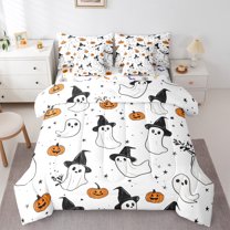 Manfei Lovely Ghost 7 Pieces Bedding Comforter Set,Funny Pumpkin Full Bedding Set,Happy Halloween Fitted Sheet Flat Sheet For Teens,White Black Orange Bedroom Decor Reversible