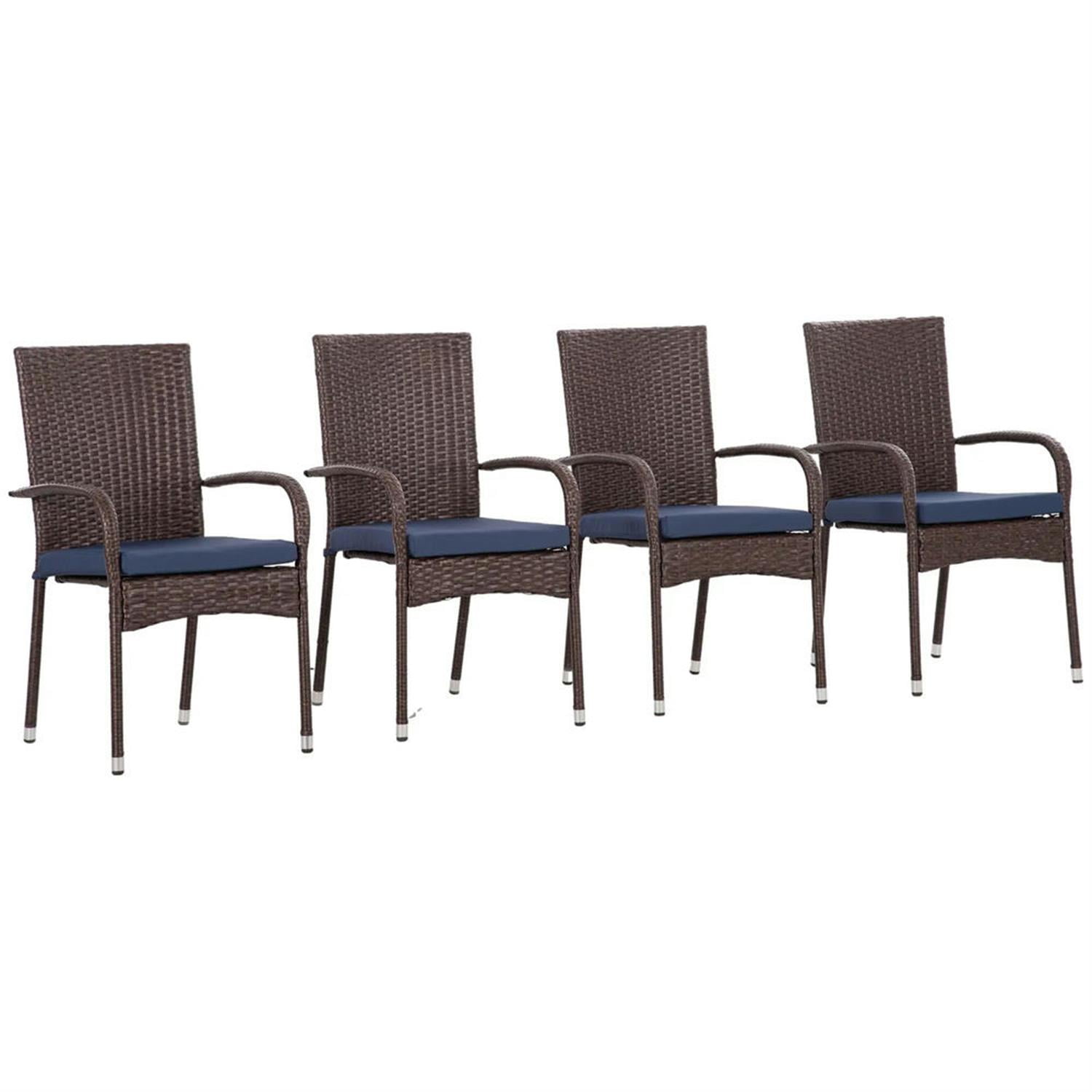 Demi Bonn Outdoor Dining Chairs Set of 4 with Armrests & Backrest, Stackable PE Rattan Patio Dining Room Chairs with Cushion for Garden, Backyard, Lawn, Brown