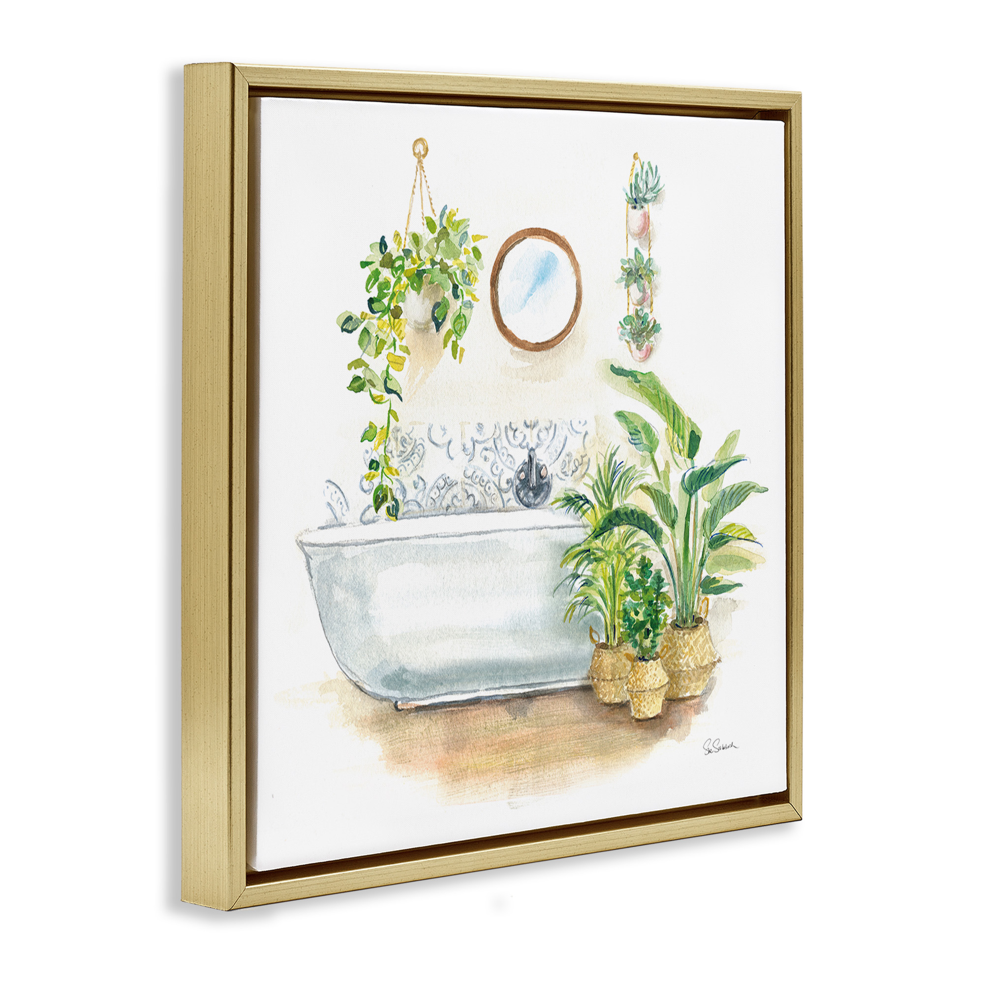 Stupell Industries Serene Bathroom Interior with Greenery Botanical & Floral Painting Gold Floater Framed Canvas Art Print Wall Art, 25 x 25