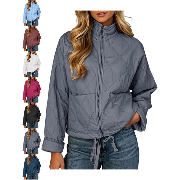 Women's Zip Front Quilted Jacket Ribbed Collar Cropped Drawstring Hem Casual Winter Jacket