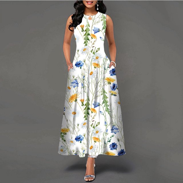 Vestido Largo Sin Mangas Mujer Impreso Dobladillo Grande Bohemio Retro Cómodopangjing
