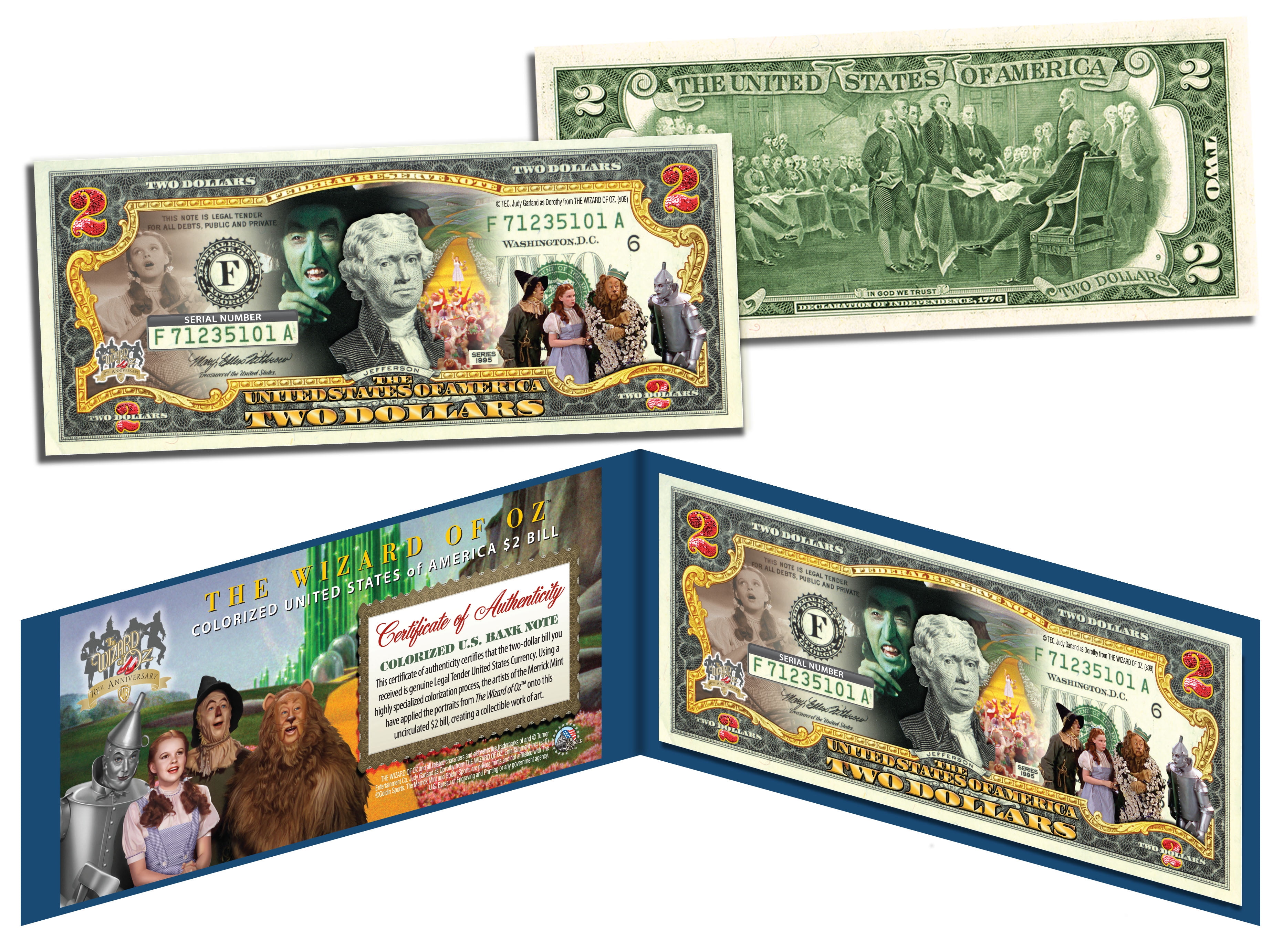WIZARD OF OZ Legal Tender U.S. 2 Bill OFFICIALLY LICENSED w/Folio & Certificate