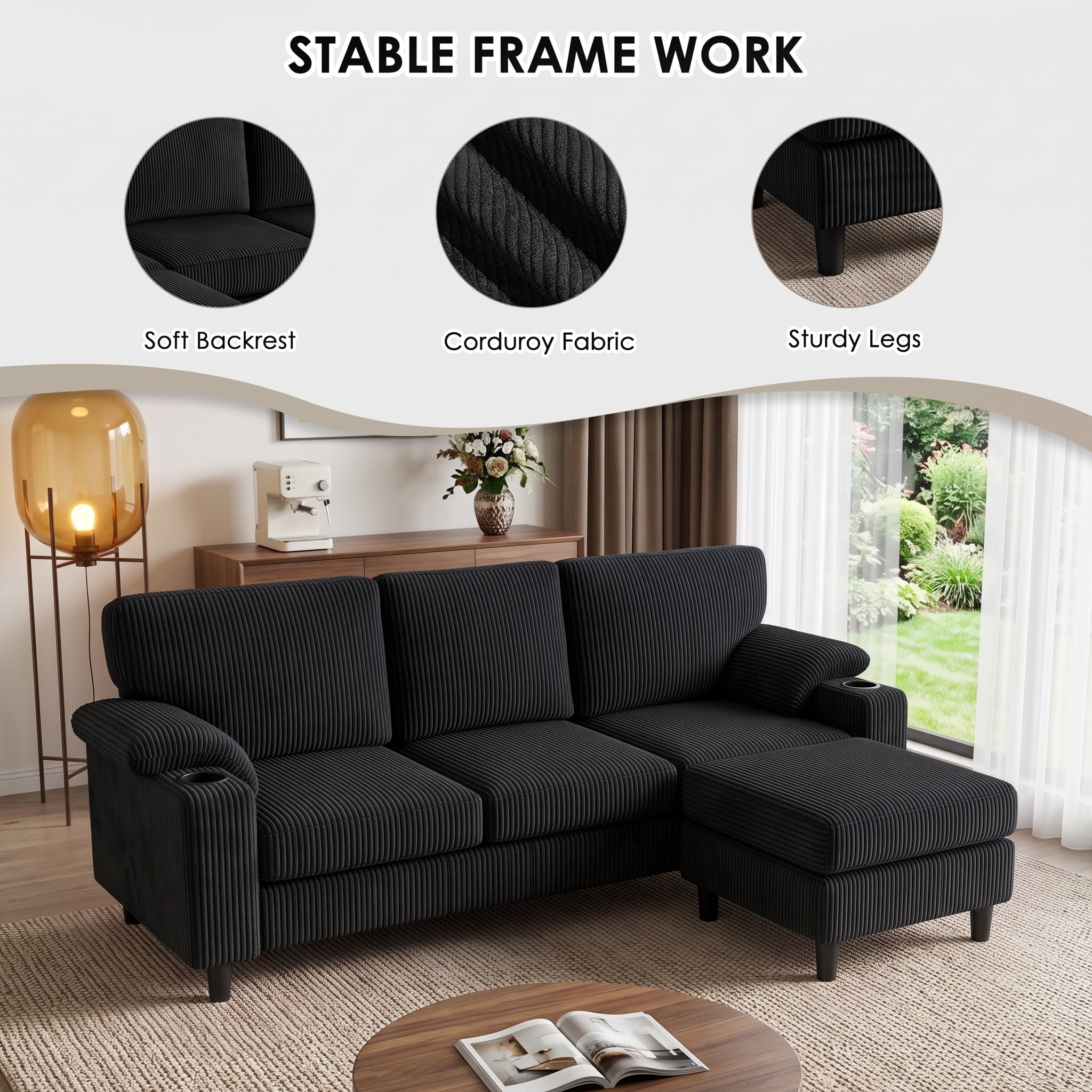 Anpport 80" L‑Shaped Corduroy Sectional Sofa, 3‑Seater Couch with Storage Ottoman, USB Port & Cup Holders for Small Spaces, Black