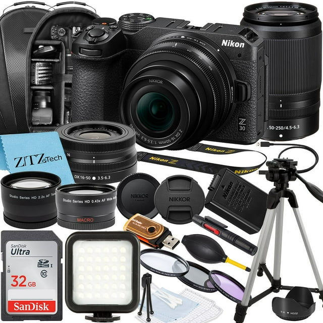 Nikon Z30 Mirrorless Camera with NIKKOR 16-50mm + DX 50-250mm Zoom Lens, SanDisk 32GB Memory Card, Backpack, Flash, Tripod and ZeeTech Accessory Bundle