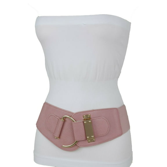 New Women Light Pastel Wide Elastic Waistband Fashion Belt Gold Hook Buckle Size S M