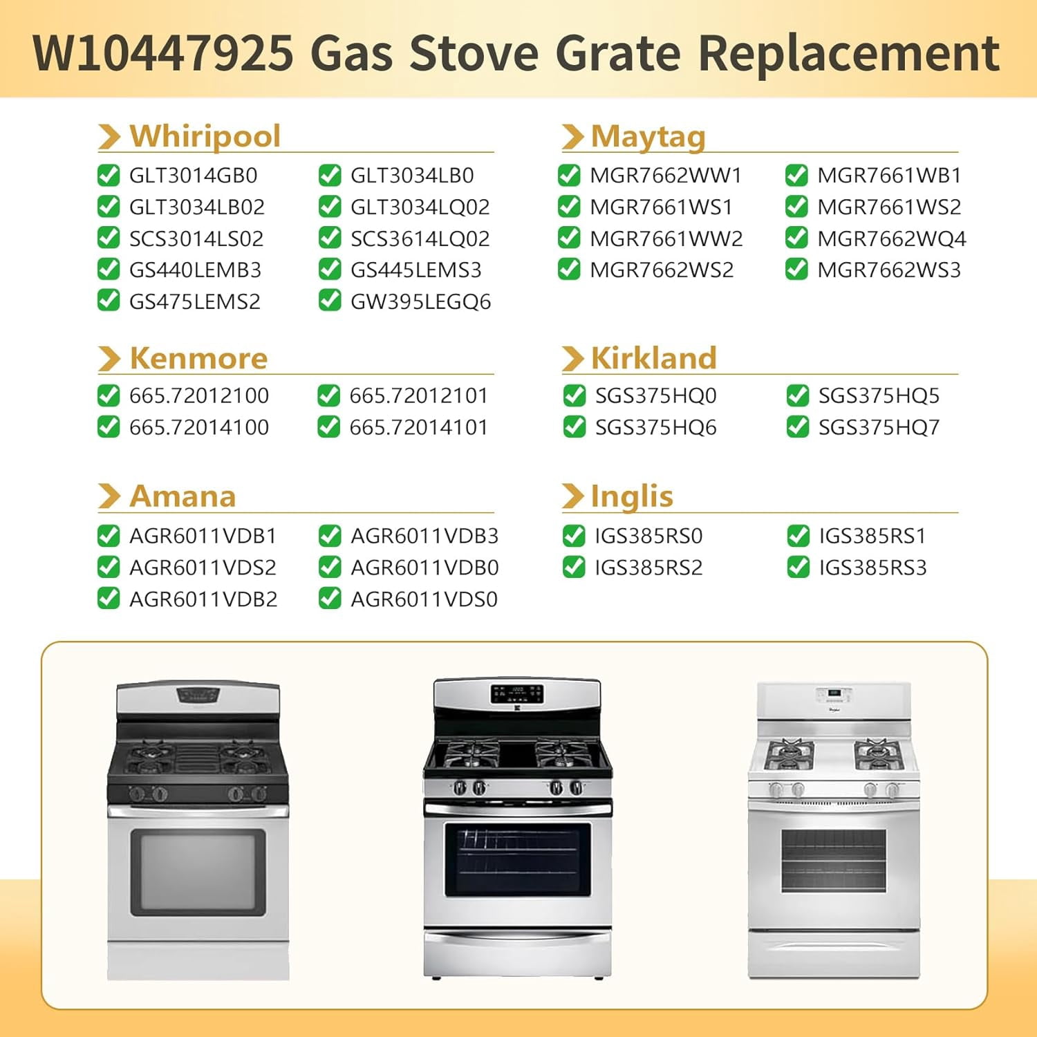 Burner Grate Replacement for Whirlpool /Stove Parts W10447925, 8.3'' x 8.9'' Gas Stove Grate Replacement for Kenmore Maytag Gas Range Parts, 4 Pack