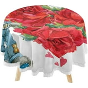 SKYSONIC Cute Bunny Valentine Rose Round Tablecloth 60inch with Lace Indoor Wrinkle Free, Rabbit Red Floral Flowers Circular Table Cover Washable Farmhouse Tabletop for Kitchen Dining Decor