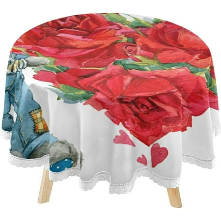 SKYSONIC Cute Bunny Valentine Rose Round Tablecloth 60inch with Lace Indoor Wrinkle Free, Rabbit Red Floral Flowers Circular Table Cover Washable Farmhouse Tabletop for Kitchen Dining Decor