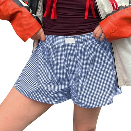 YDKZYMD Yoga Shorts for Women Button Front Y2k Striped Plaid Sleepwear Summer Casual Bloomers Shorts with Pocket Elastic Low Waisted Pajamas Light Blue M