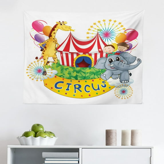 Circus Tapestry, Carnival Many Rides and Shops Illustration Landscape Cloudy Sky View Print, Fabric Wall Hanging Decor for Bedroom Living Room Dorm, 2 Sizes, Multicolor, by Ambesonne
