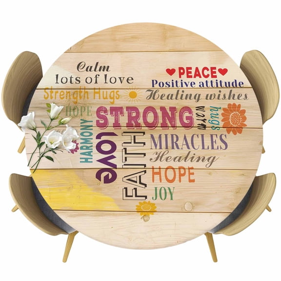 Love Peace Text Round Tablecloth, Fitted Table Cover with Elastic for 45"-54" Round Tables, Farmhouse Inspirational Quotes Wooden Table Cloth Outdoor Indoor Dinning Party Waterproof Tablecloths