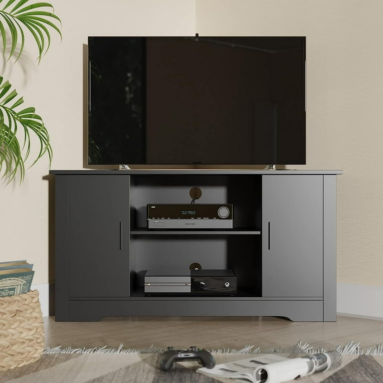 Cozy Castle Small Corner TV Stand for 50 Inch TV Wood Corner Enterainment Center with Doors Corner TV Cabinet for Bedroom Living Room Black