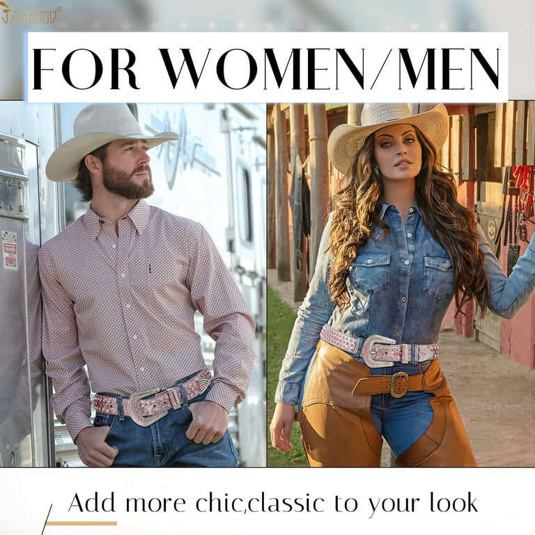 JASGOOD Western Belts for Men Women Jeans Pants Cowboy Rhinestone Leather  Brown Belt 
