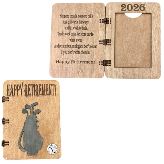 Retirement Wood Greeting Card 4x6 Picture Frame – Golf Theme – Includes Envelope and Acrylic Photo Cover – 5.9"x8.2""