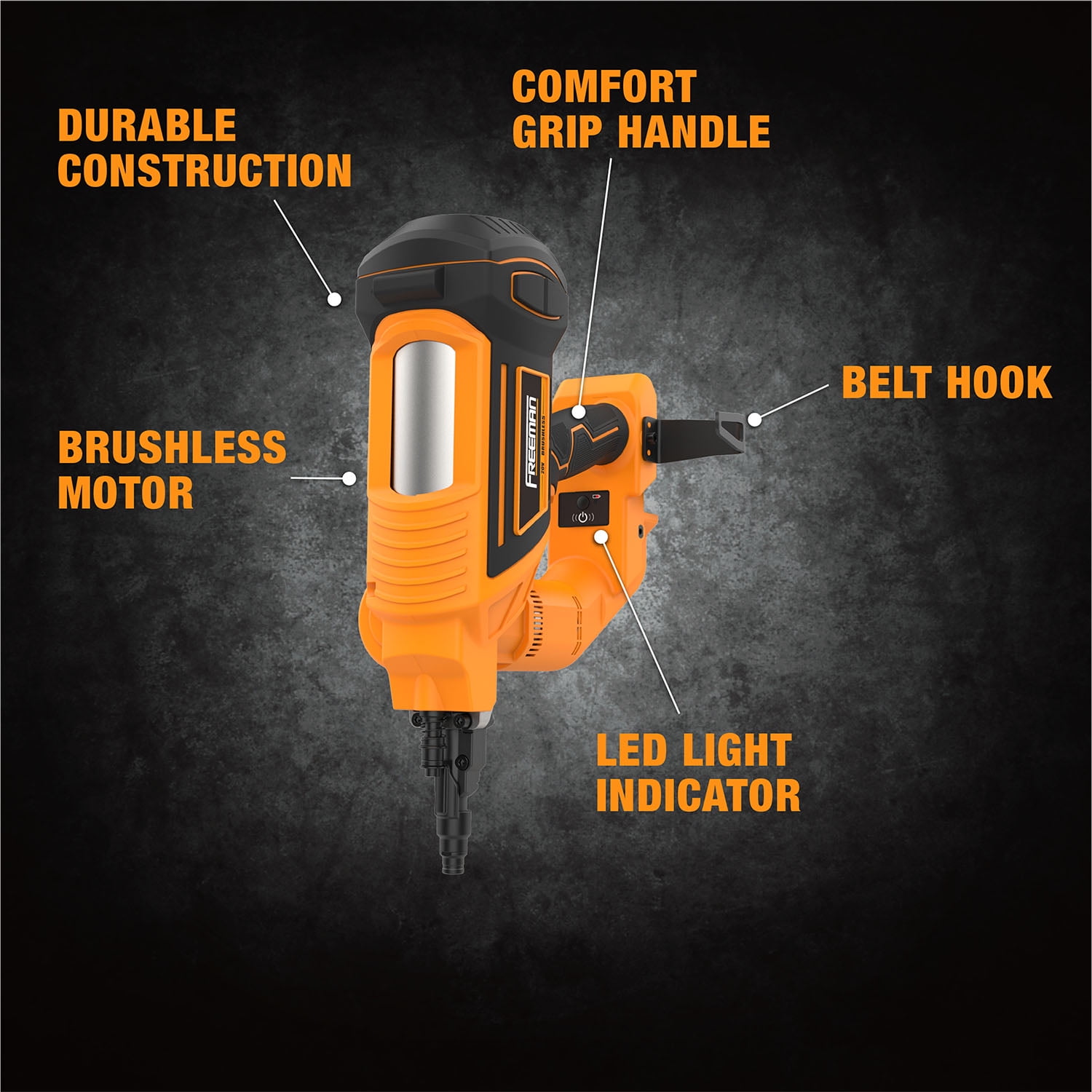 Freeman PE20VTCNPN 20 Volt Cordless and Brushless 3" Single Pin Concrete Nailer (Tool Only) – 750 Shots per Charge