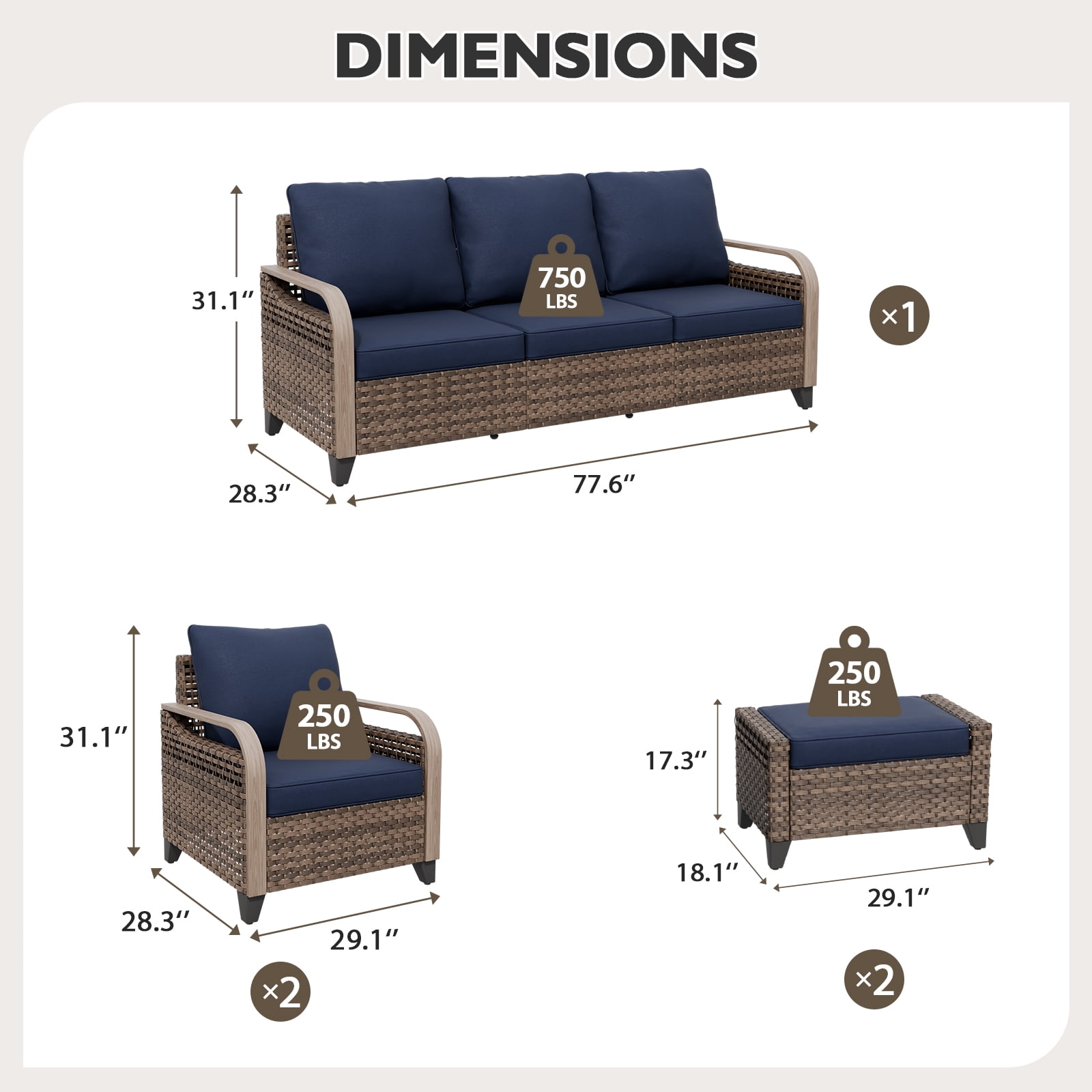 COOS BAY 5 Piece Brown Wicker Patio Sofa Set Outdoor Rattan Furniture Conversation Set 3-Seat Sofa, Dining Chairs and Ottomans with Blue Cushions