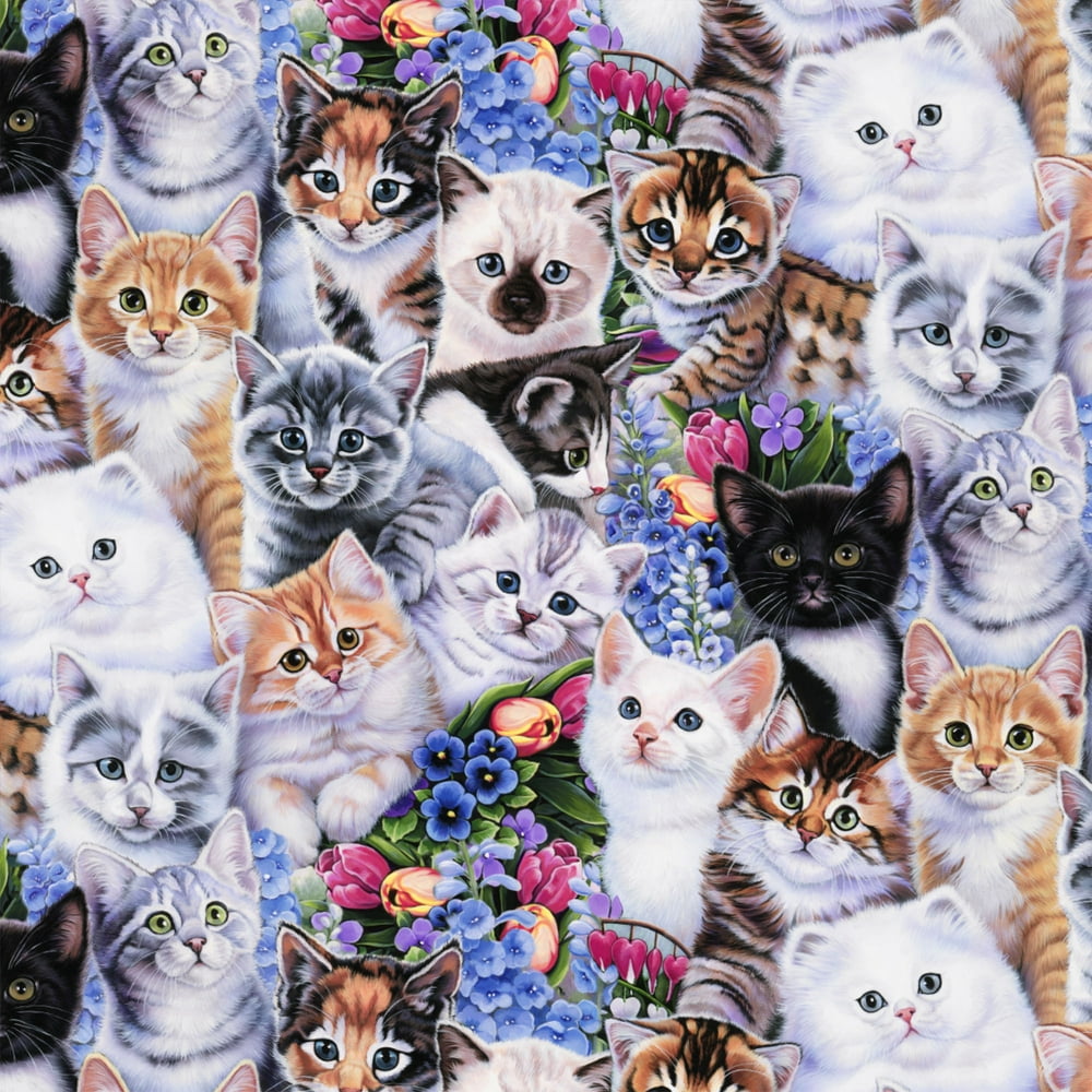 David Textiles AntiPill Fleece Spring Kittens & Flowers 60" Fabric