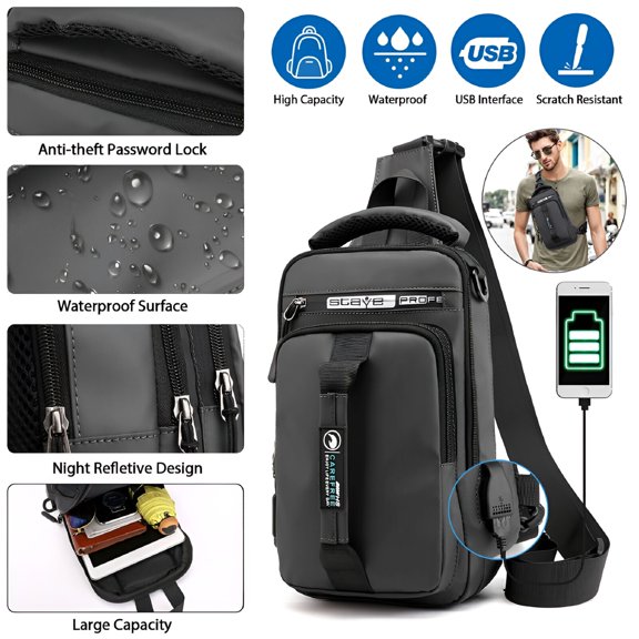 GASTROPOD 2026 New Anti Theft Men'S Sling Crossbody Bag Chest Shoulder Messenger Backpack for Travel, Work, Daily Use Usb Port
