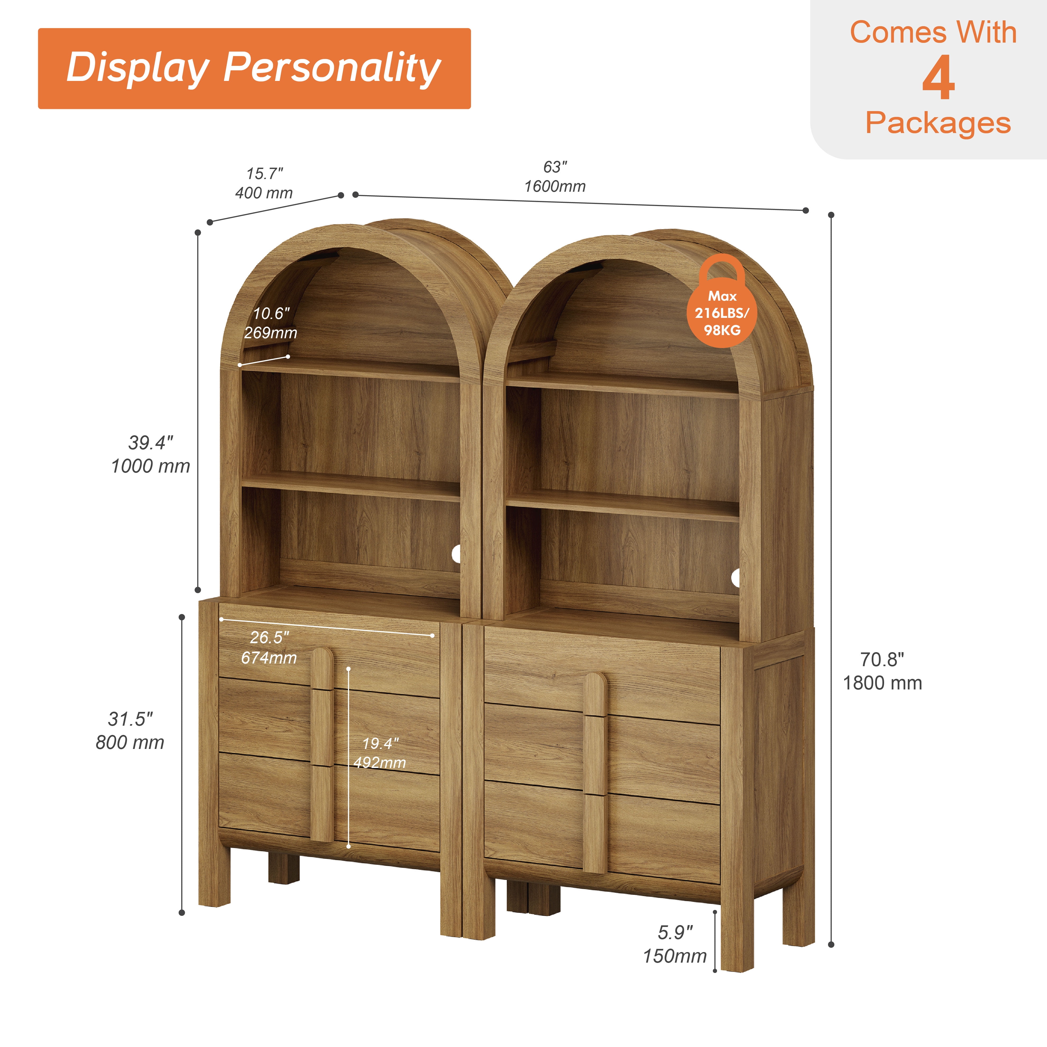 63"W Arched Kitchen Hutch Sideboard, Mid-Century Modern Wooden Buffet Hutch Cabinet with 6 Drawerrs And 3 Tier Shelves