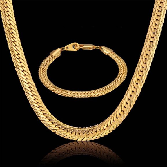 Men's Bracelets 8MM Curb Flat Snake Link Chain 14K Yellow Gold Necklaces For Women Vintage Jewelry Sets D409