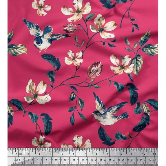 Soimoi Rayon Fabric Robin,Leaves & Wildflower Floral Print Fabric by Yard 56 Inch Wide