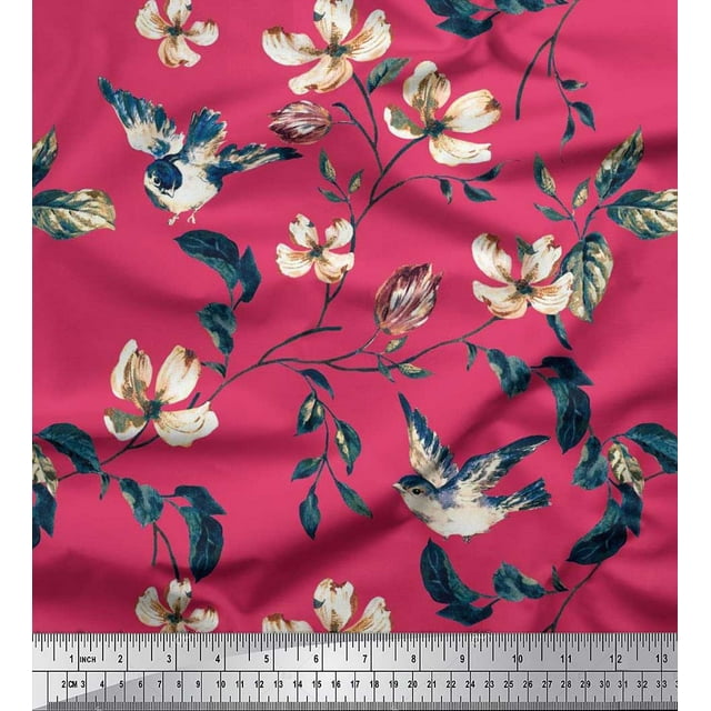 Soimoi Cotton Duck Fabric Robin,Leaves & Wildflower Floral Printed Fabric 1 Yard 42 Inch Wide