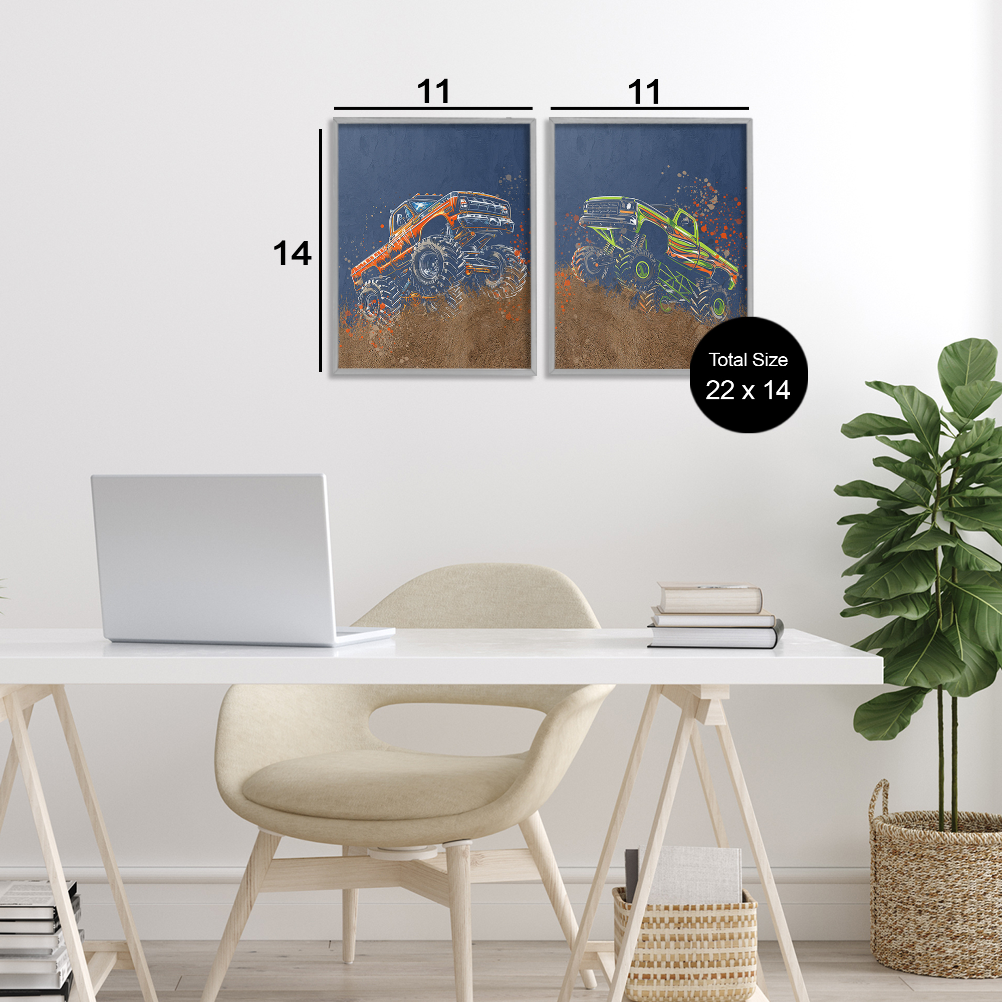 Monster Truck Jam 2 Piece Gray Framed Giclee Art Set, design by Kim Allen