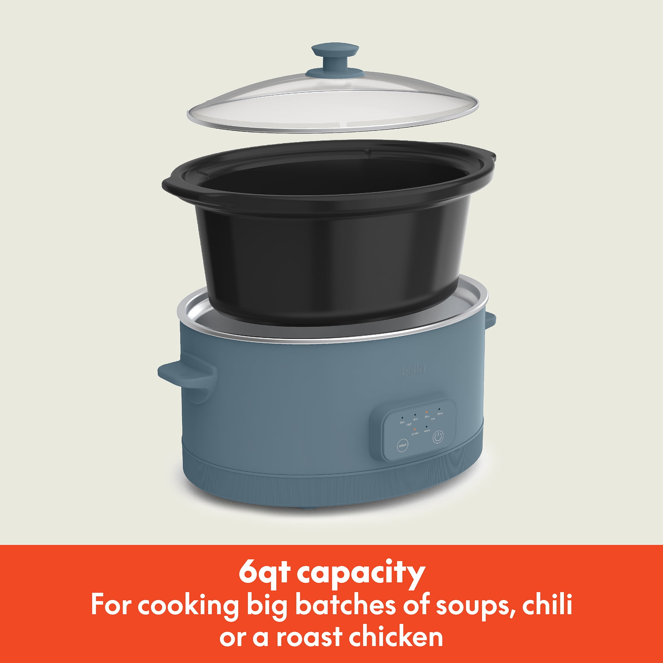 bella 6 Qt Digital Programmable Slow Cooker with Ceramic Nonstick Coating, Adjustable Temperature & Cooking Time, Dishwasher Safe Pot & Tempered Glass Lid, Surf